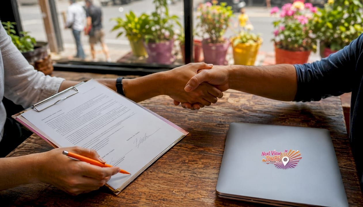 Hands signing supplier contract handshake