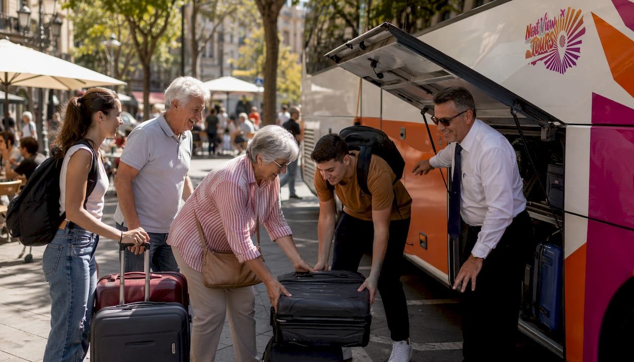 Tour group boarding coach bus for trip