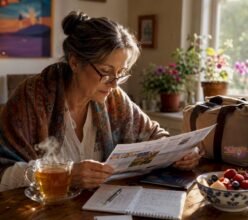 Woman planning escorted tour itinerary at home