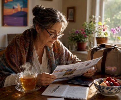 Woman planning escorted tour itinerary at home