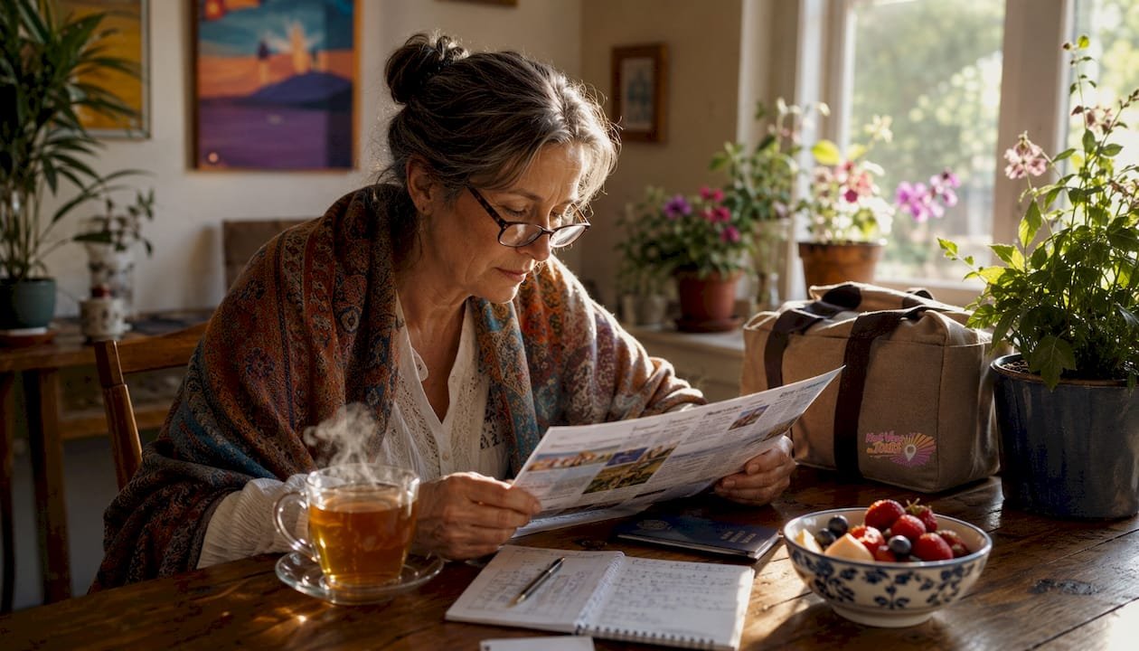 Woman planning escorted tour itinerary at home