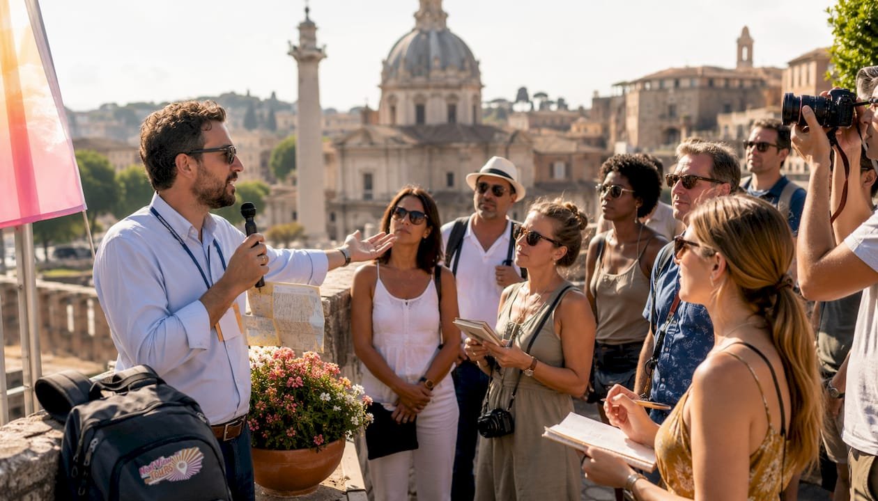 Tour director guiding group at European plaza
