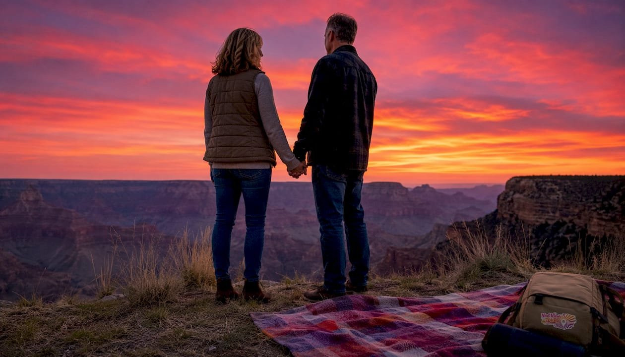 Couple viewing Grand Canyon sunset on private tour