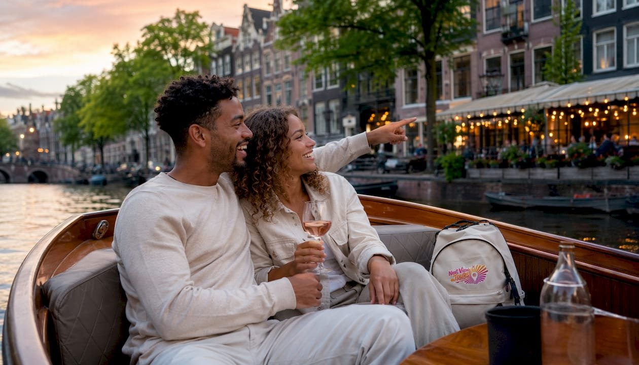 Couple enjoying private canal cruise in Amsterdam