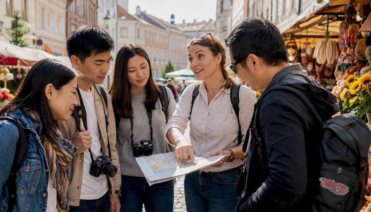 Asian group on guided tour in European town square