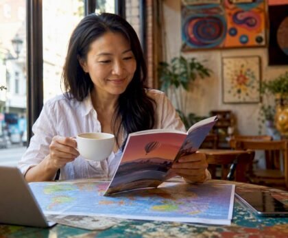 Asian woman planning group tour at home table