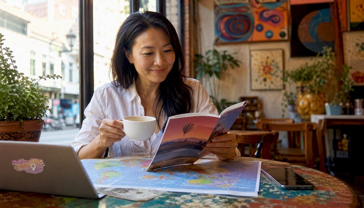 Asian woman planning group tour at home table
