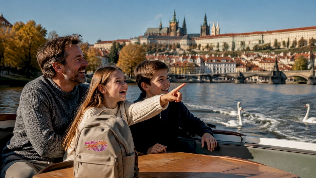 Family on boat cruising Prague river