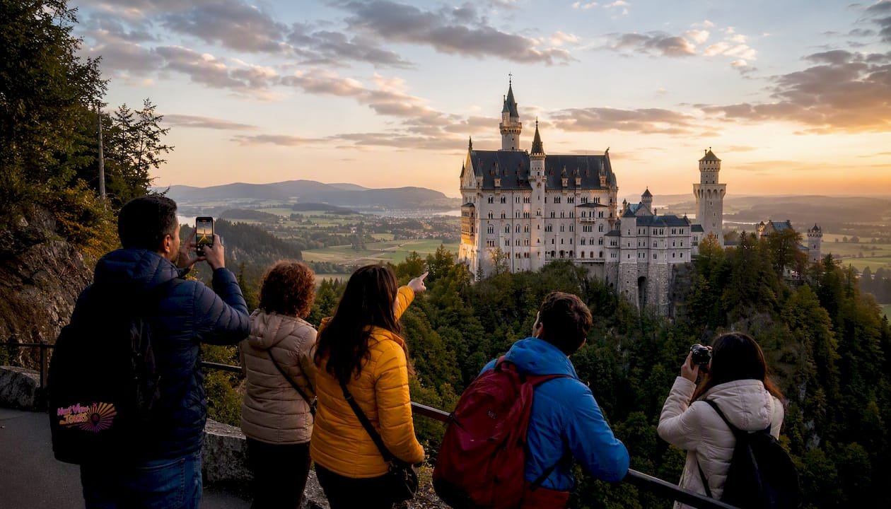 Visitors view Neuschwanstein Castle in Bavaria