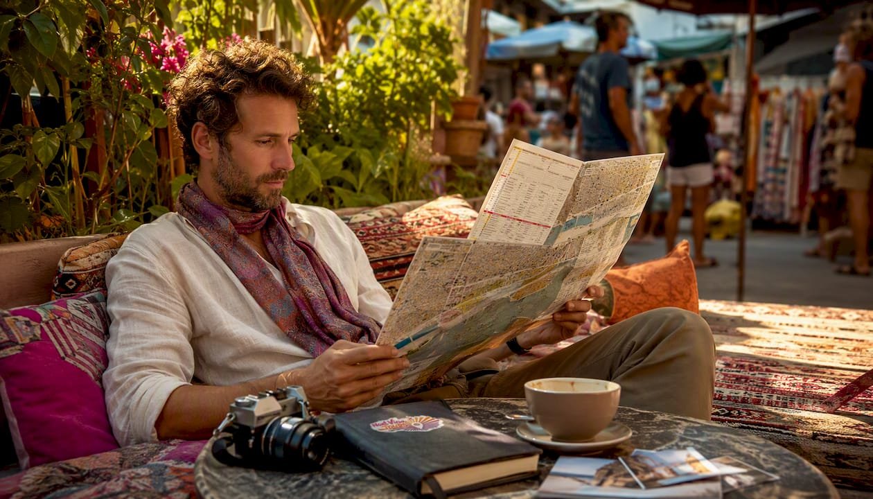 Traveler planning European day trips outdoors