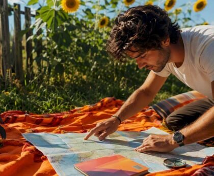Traveler preparing map for European tour