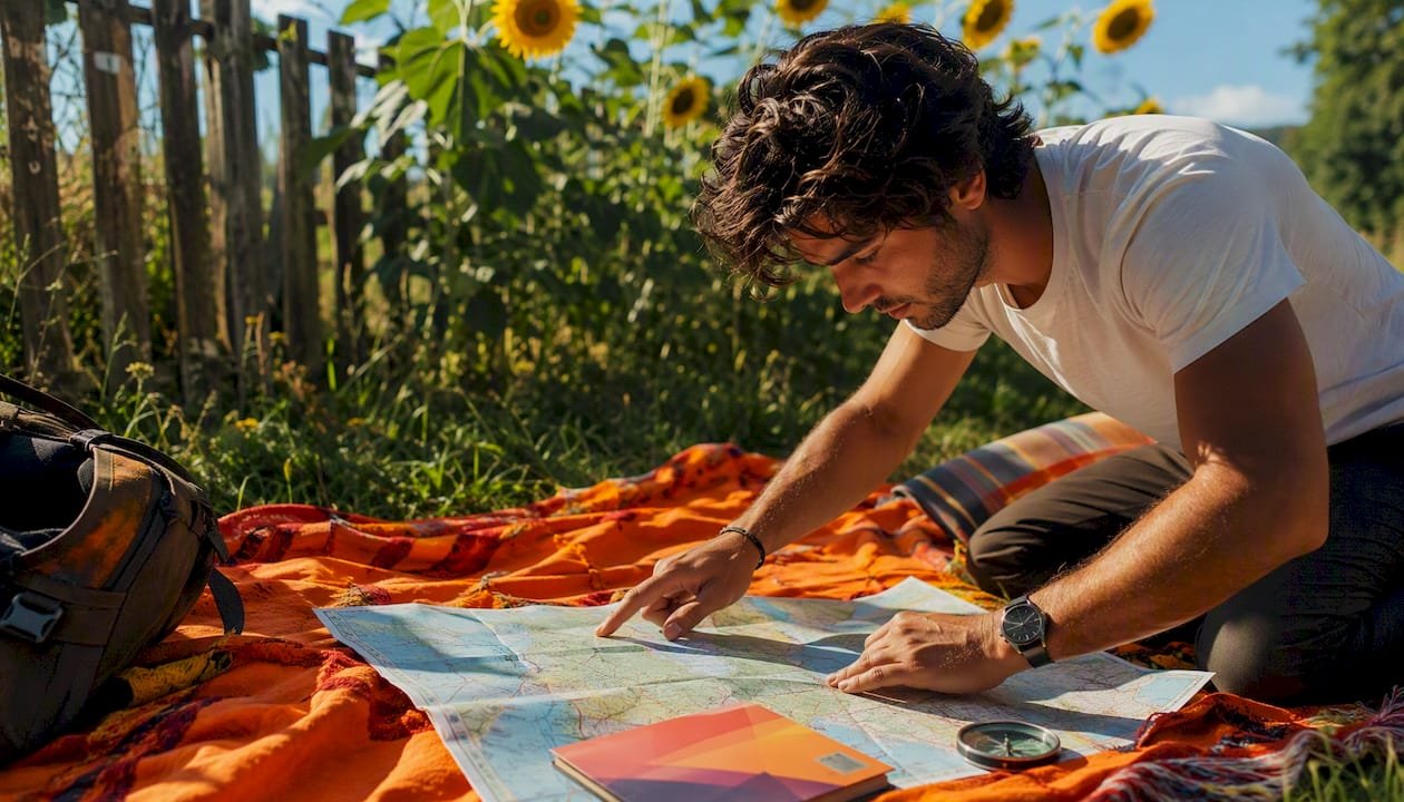 Traveler preparing map for European tour