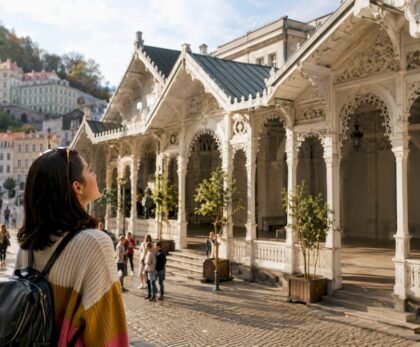 Tourists at Mill Colonnade Karlovy Vary