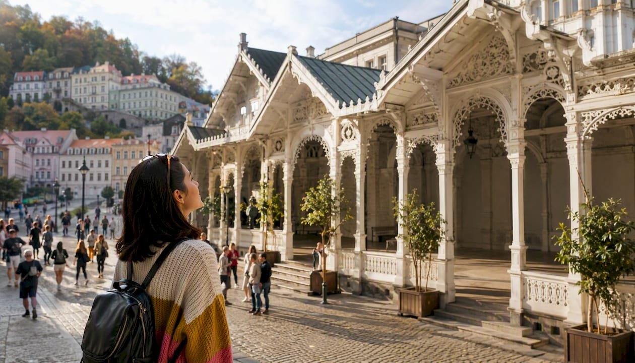 Tourists at Mill Colonnade Karlovy Vary