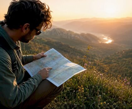 Traveler tracing European map route