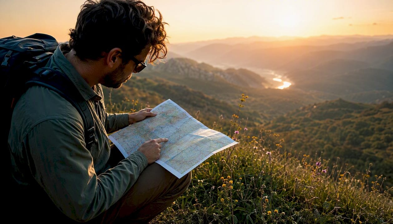 Traveler tracing European map route