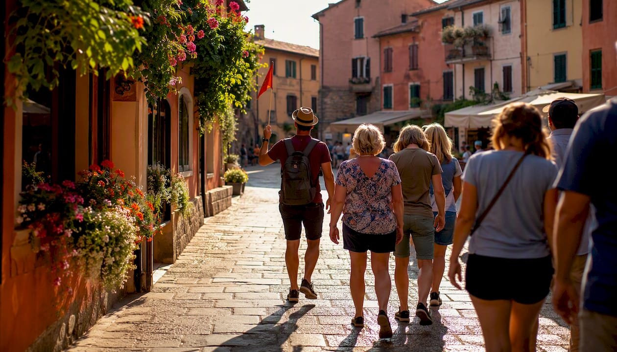 Guide leading village walk in Europe