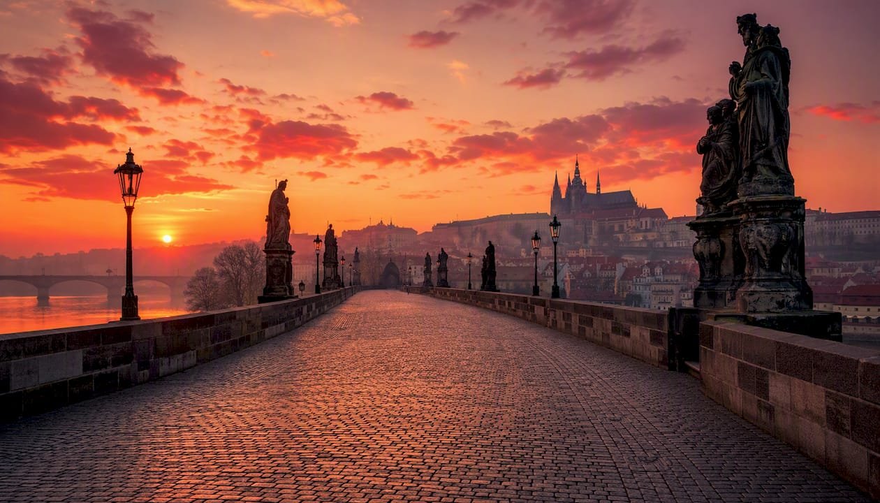 Empty Charles Bridge at sunrise with Prague Castle