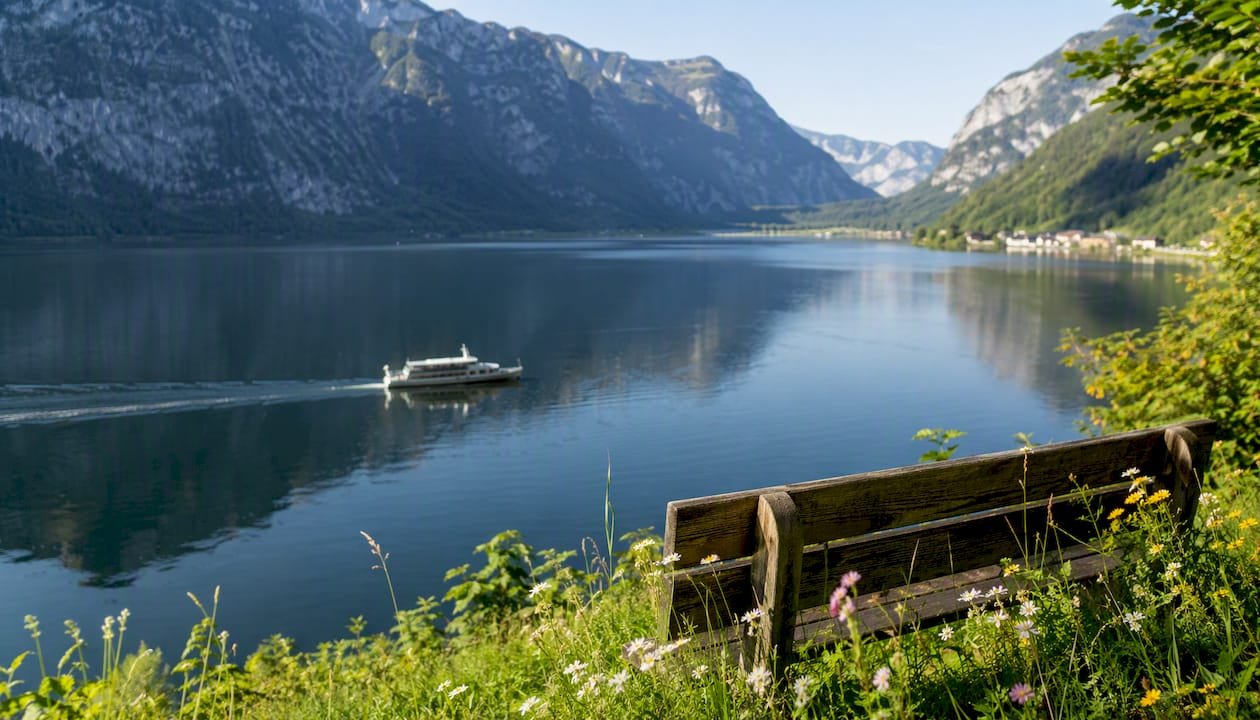 Hallstatt ferry crossing on alpine lake