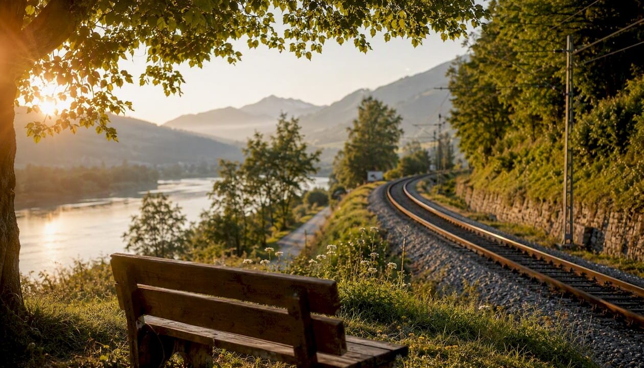 Railway track along Austrian valley at sunset