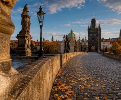 Empty Charles Bridge landmark in morning light