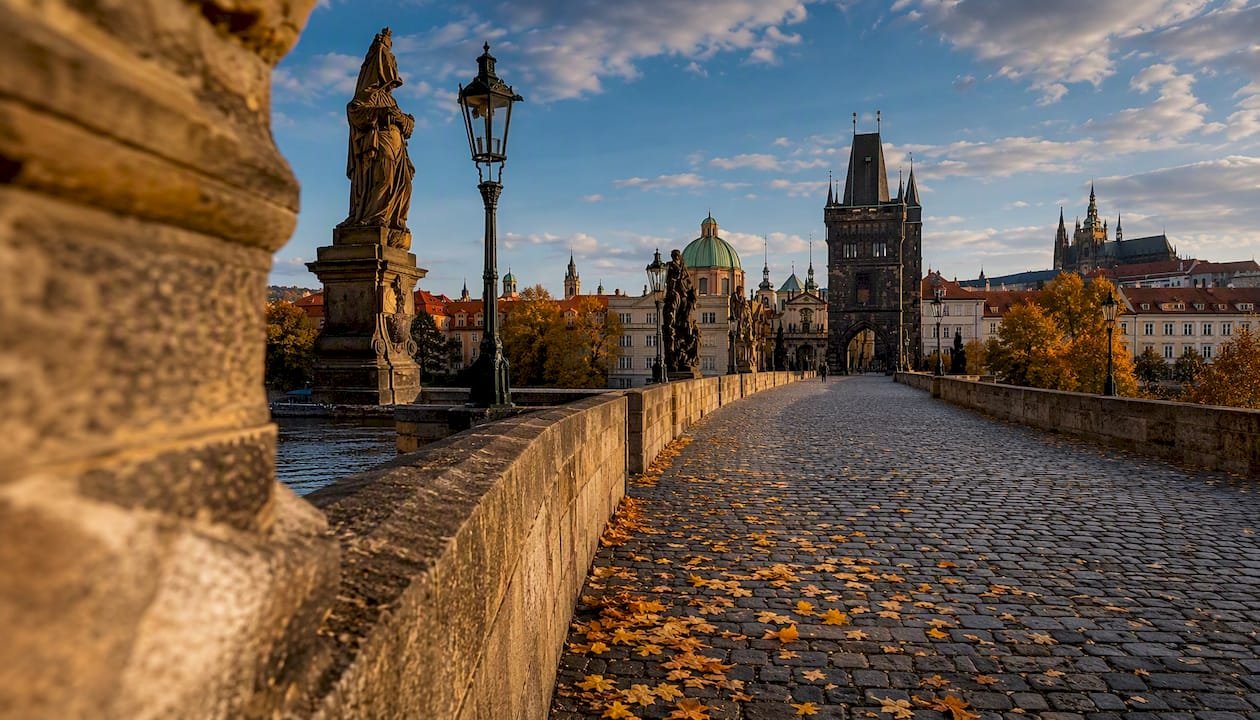 Empty Charles Bridge landmark in morning light