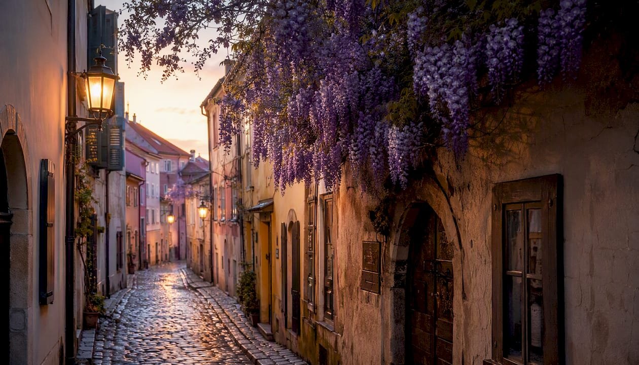 Empty historic street with tram tracks at sunrise