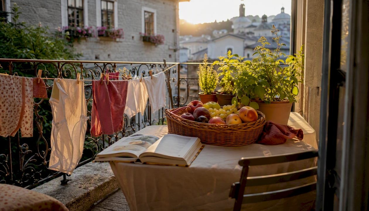 Apartment balcony with cooking props and laundry line