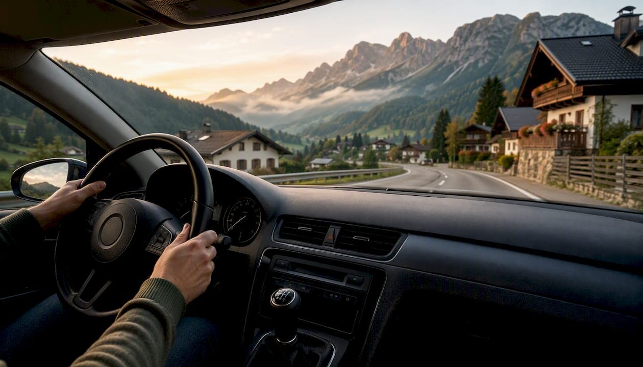 Cockpit view driving alpine village road