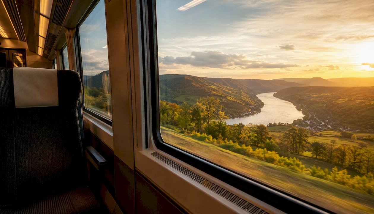 Train window looking out to European countryside