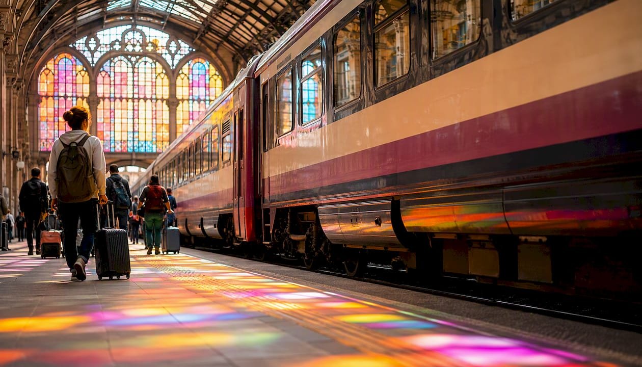 Intercity train departing historic station