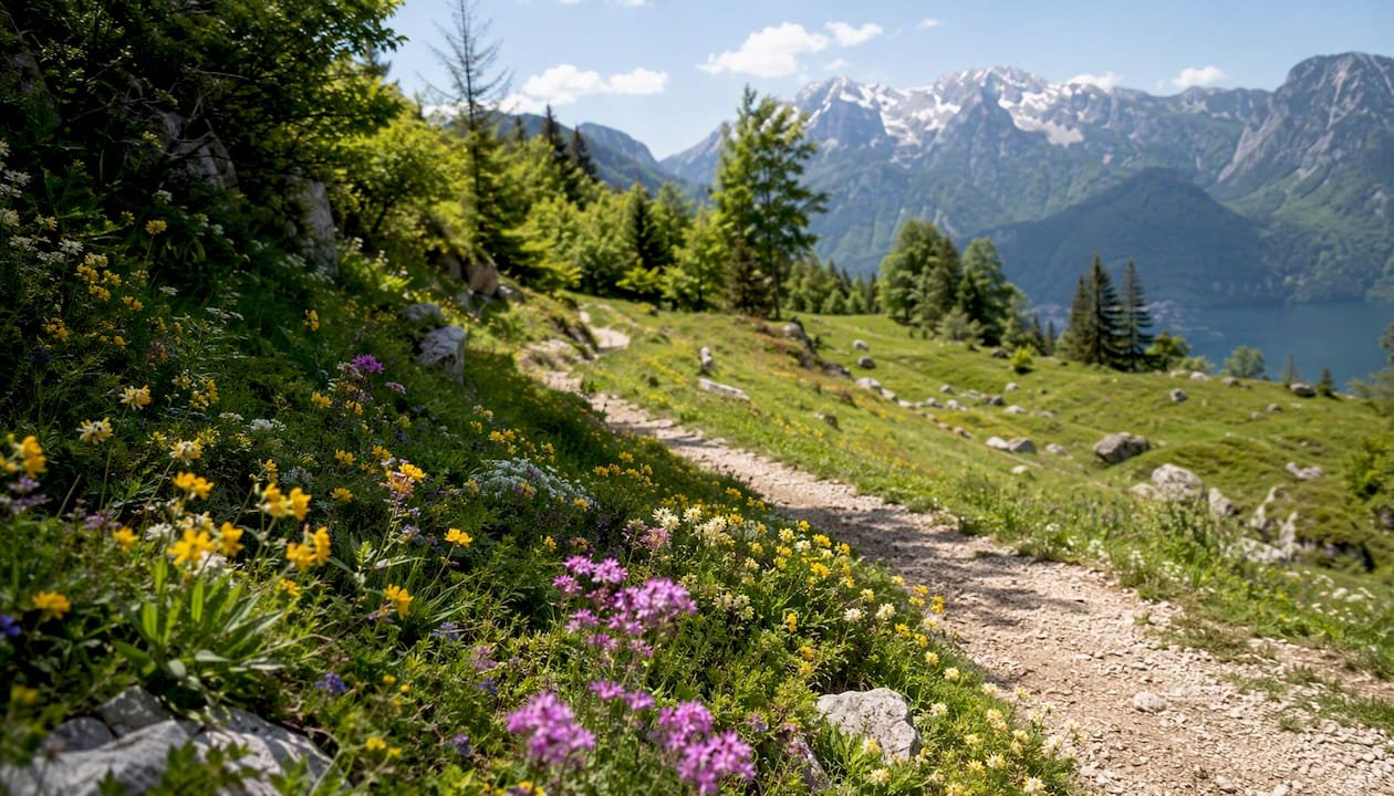 Wildflowers blooming on Hallstatt hiking trail