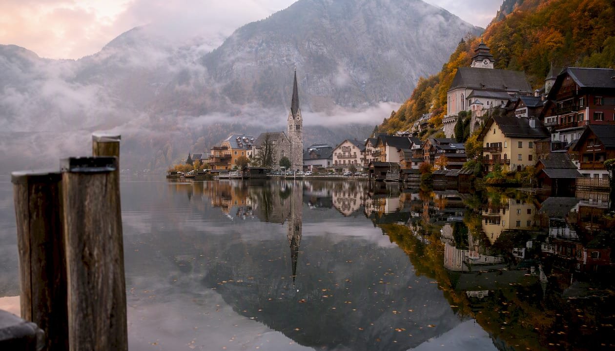 Autumn mist over lake with Hallstatt reflection