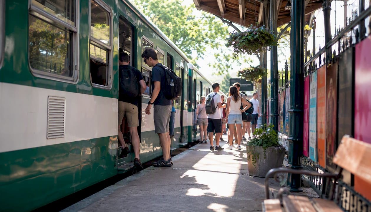 HÉV suburban train boarding in Budapest