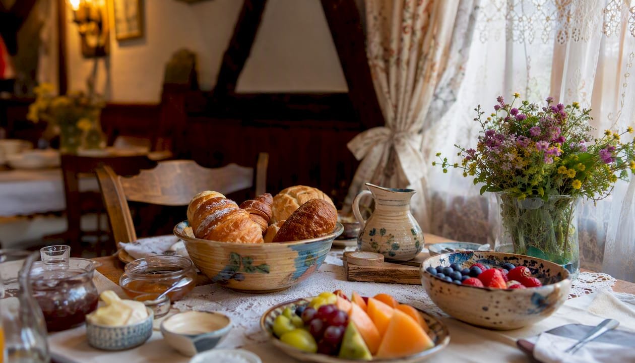 Rustic dining table with local food and flowers