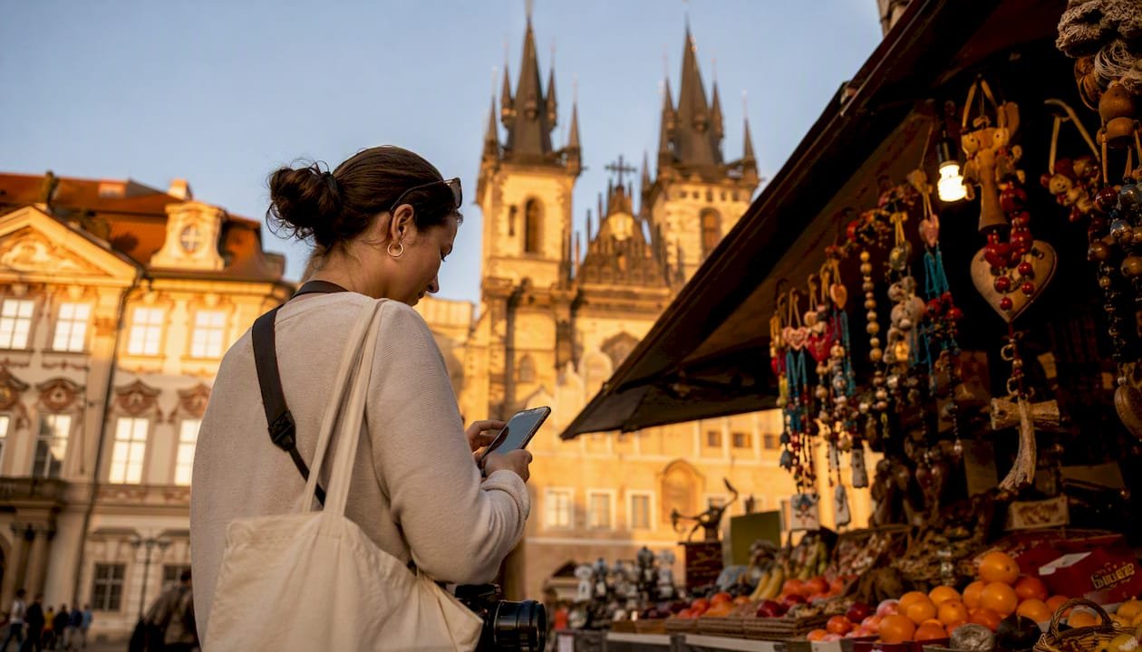 Traveler consulting map in Prague square