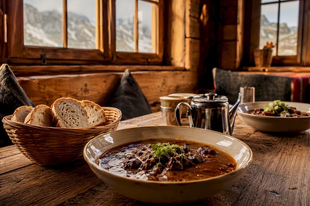 Rustic mountain hut meal serving goulash