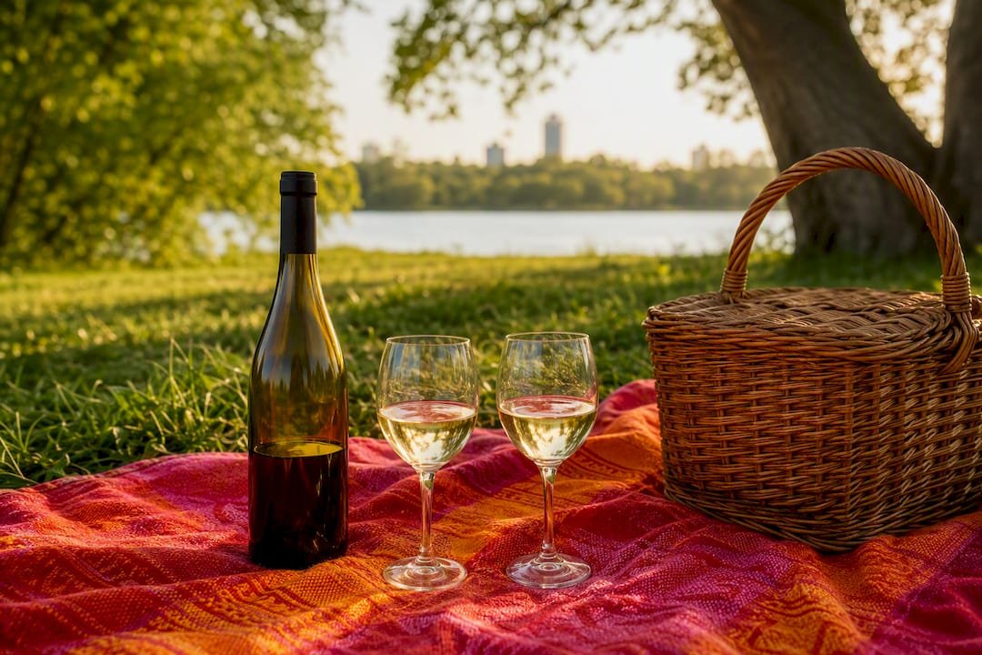 Picnic setup with wine on Danube Island grass