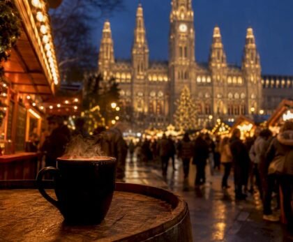 Lit wooden stalls at Vienna Christmas market evening