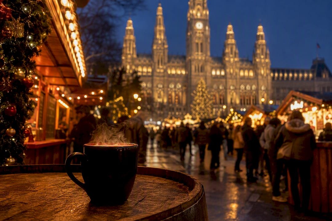 Lit wooden stalls at Vienna Christmas market evening