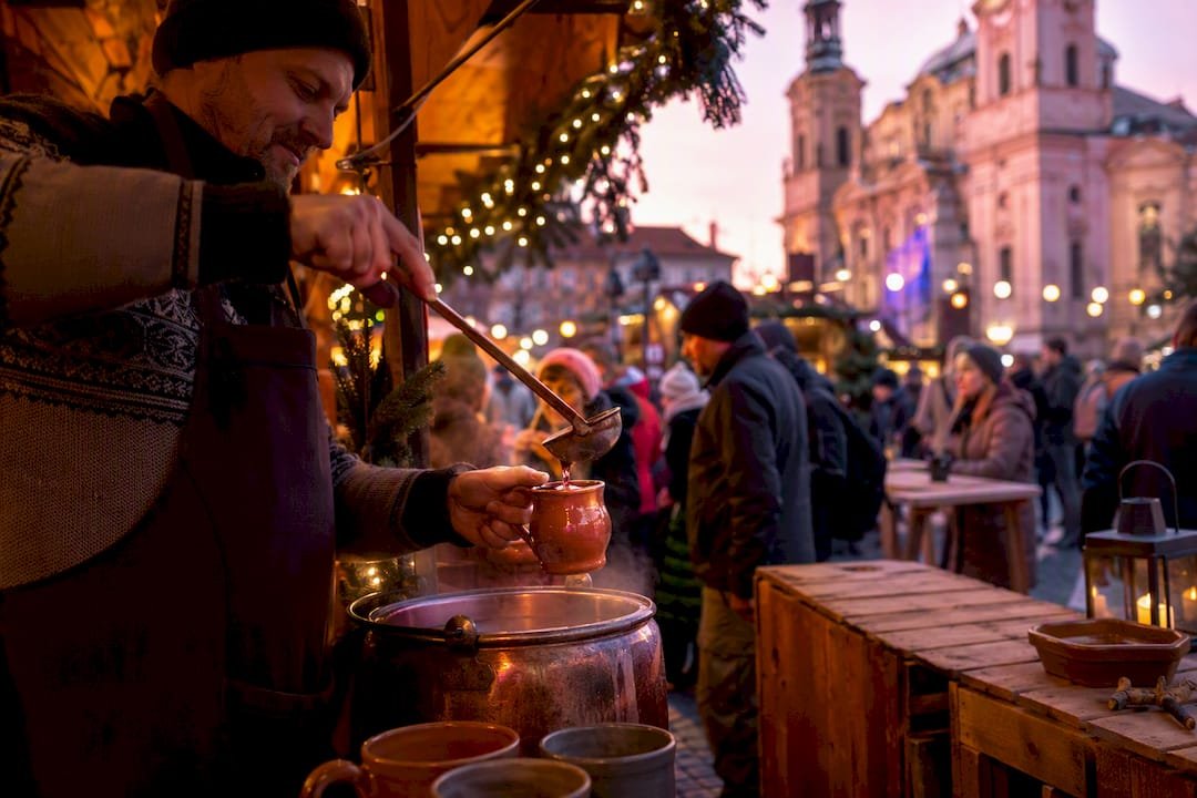 Vendor ladling punsch at Vienna market stall
