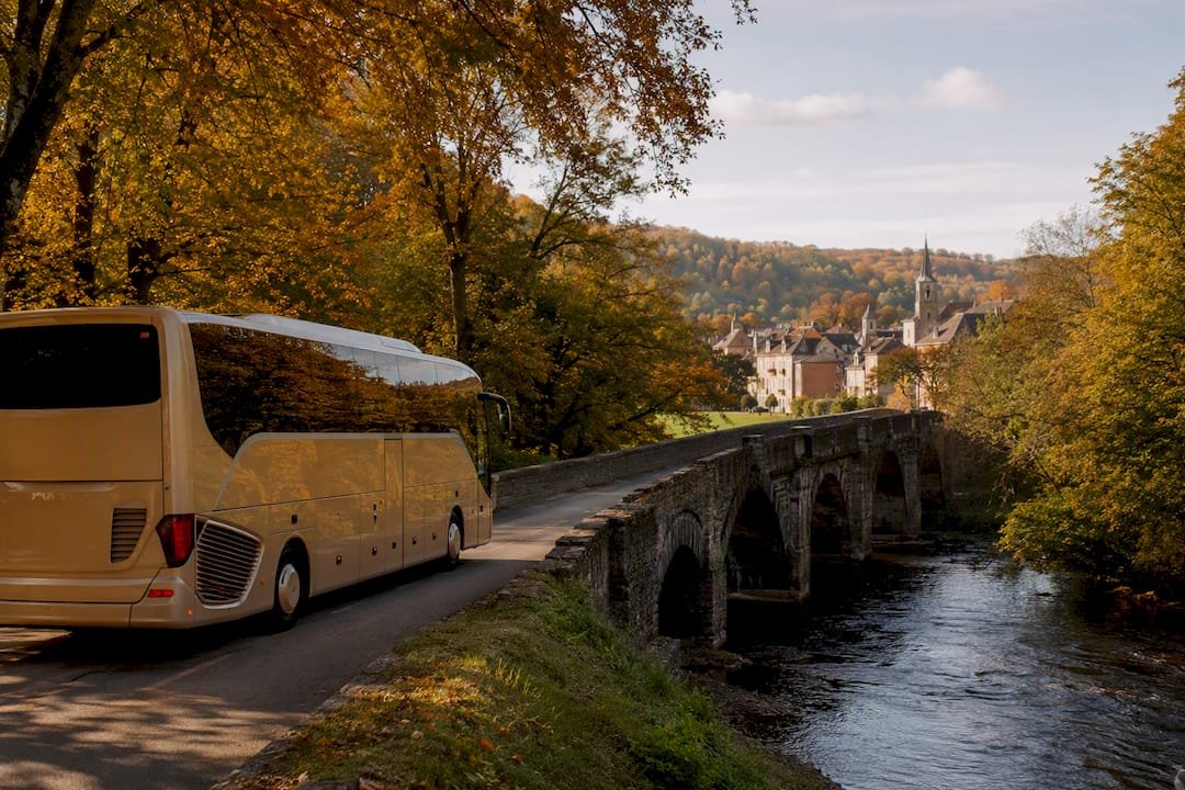 Tour bus driving through European countryside