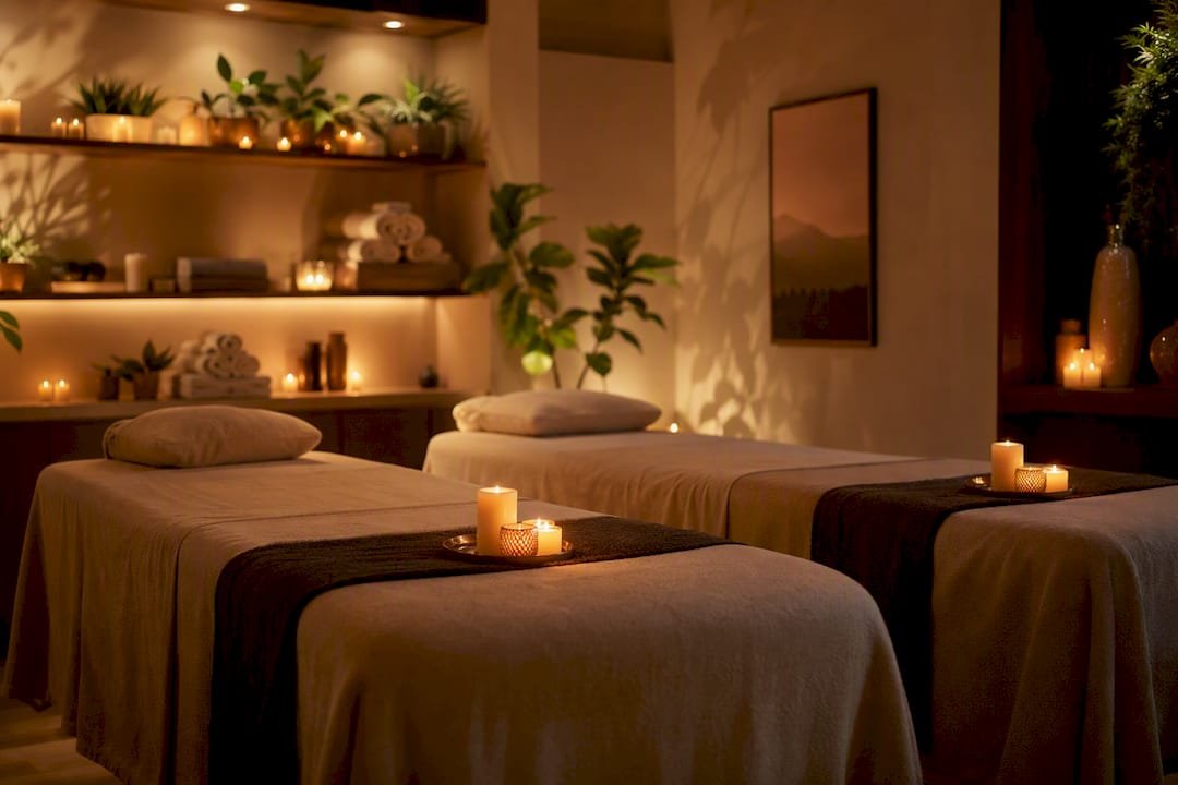 Couples spa massage room with candles
