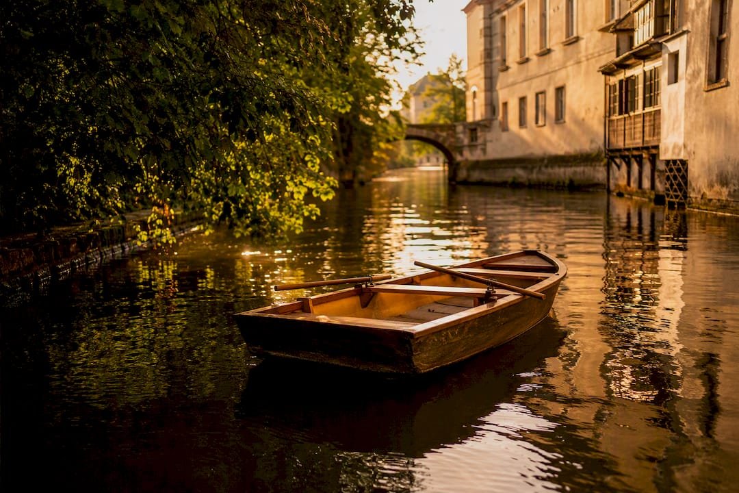 Empty rowboat on Vltava river near Kampa Island
