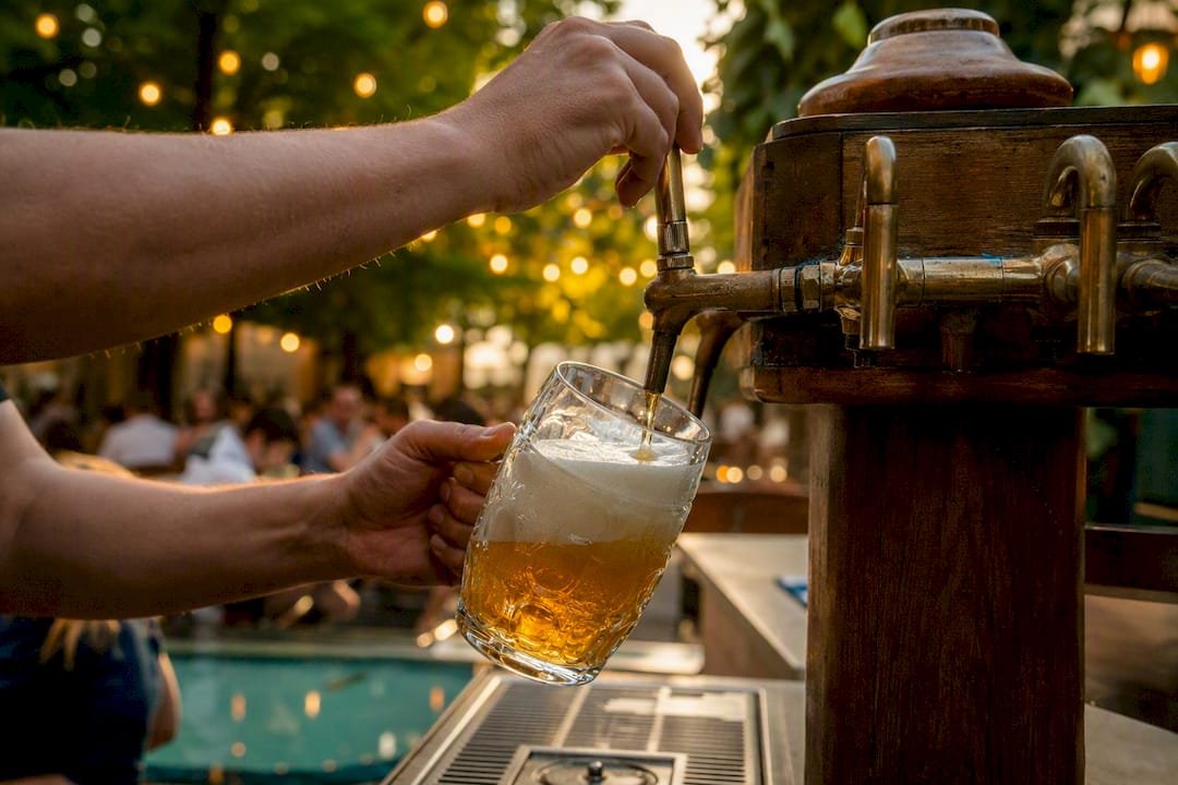 Bartender pouring Czech 12° beer with foam head