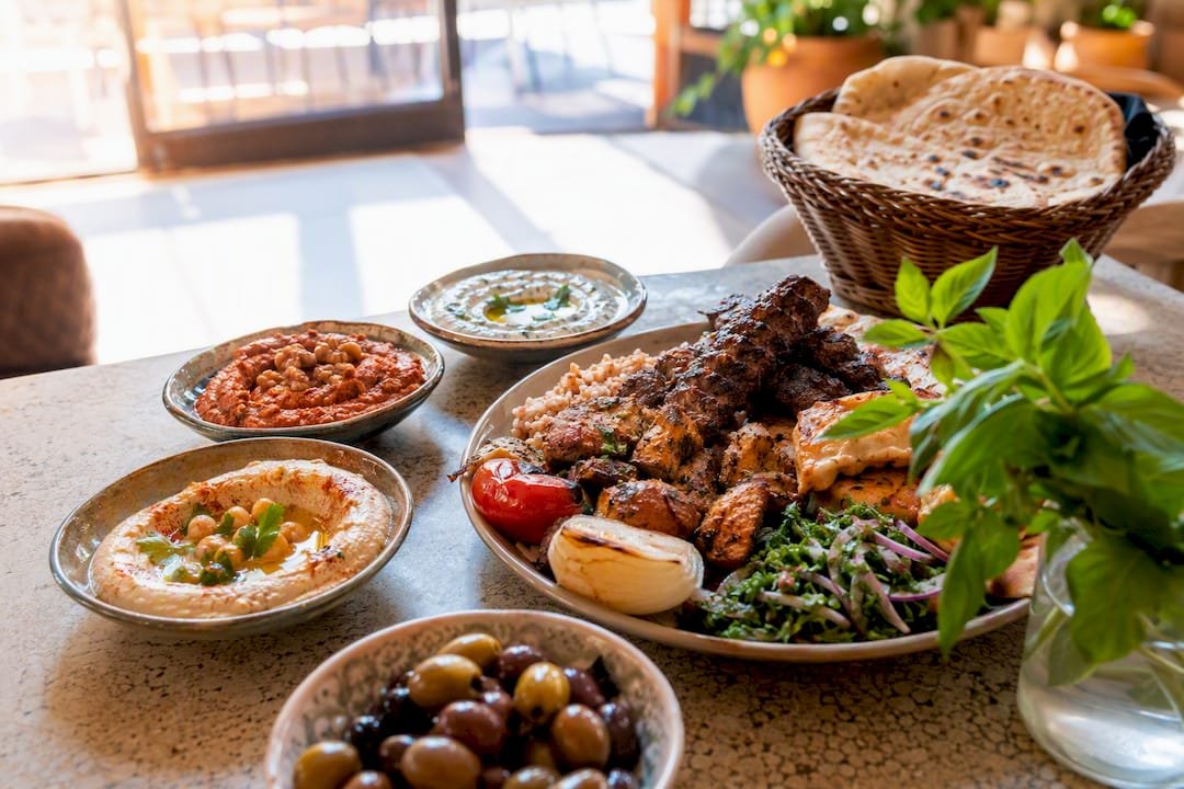 Syrian halal mezze and grilled platter overhead