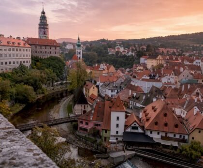 Cesky Krumlov old town and castle landscape