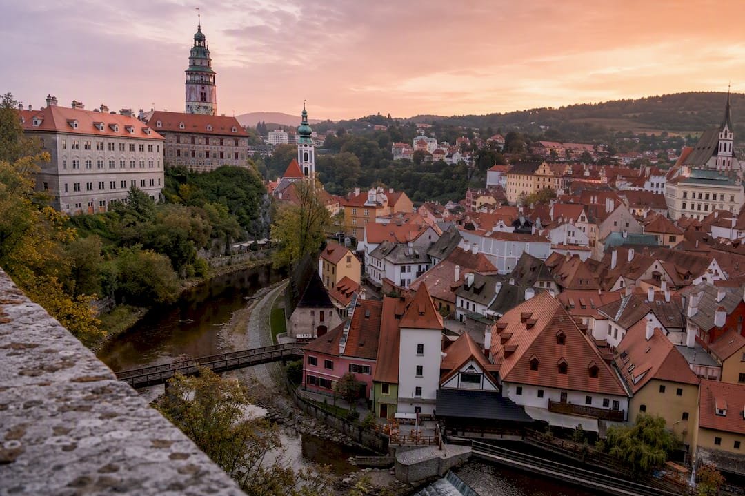 Cesky Krumlov old town and castle landscape
