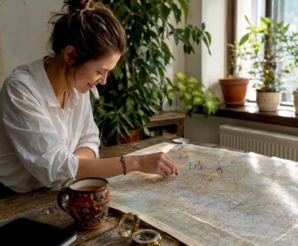 Hands placing pins on Europe map