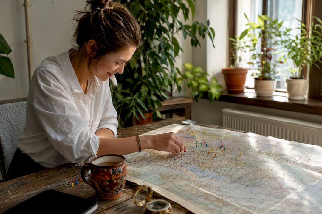 Hands placing pins on Europe map